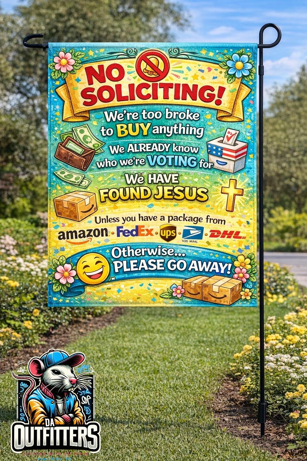 Funny No Soliciting Garden Flag | Humorous Outdoor Yard Decor