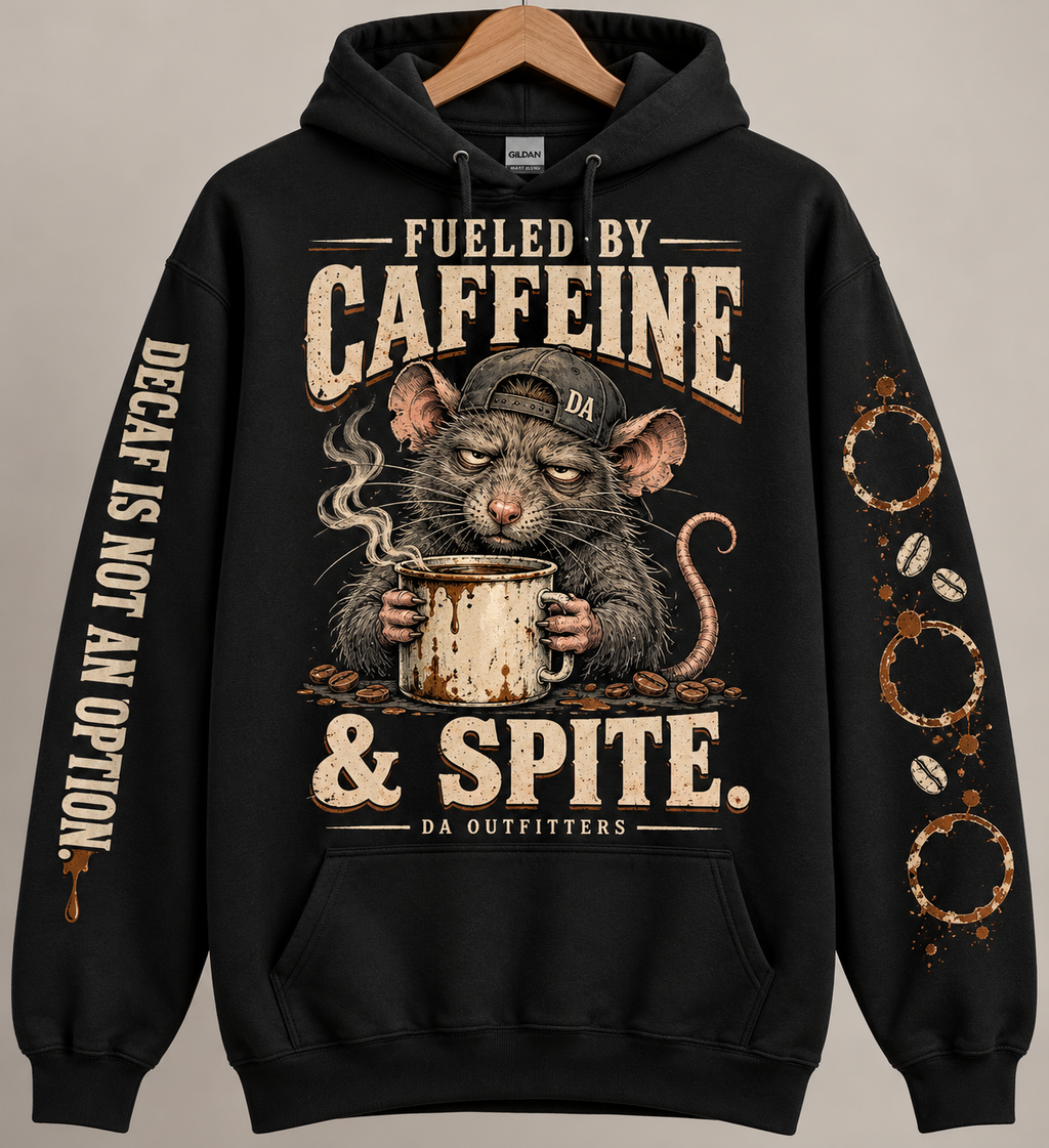 Black Fueled by Caffeine and Spite rat hoodie, front and both sleeves — digital mockup