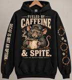 Black Fueled by Caffeine and Spite rat hoodie, front and both sleeves — digital mockup