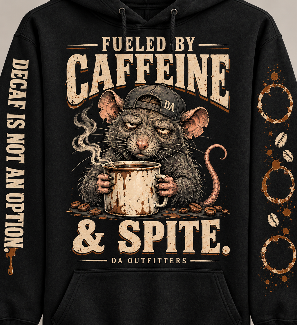 Close-up of rat and coffee artwork with distressed lettering and sleeve prints — digital mockup