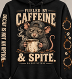 Close-up of rat and coffee artwork with distressed lettering and sleeve prints — digital mockup