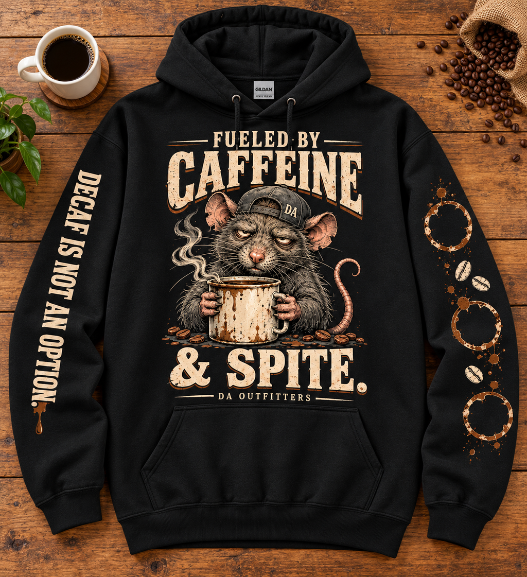 Black Fueled by Caffeine and Spite hoodie flat lay showing both sleeves with coffee props — digital mockup