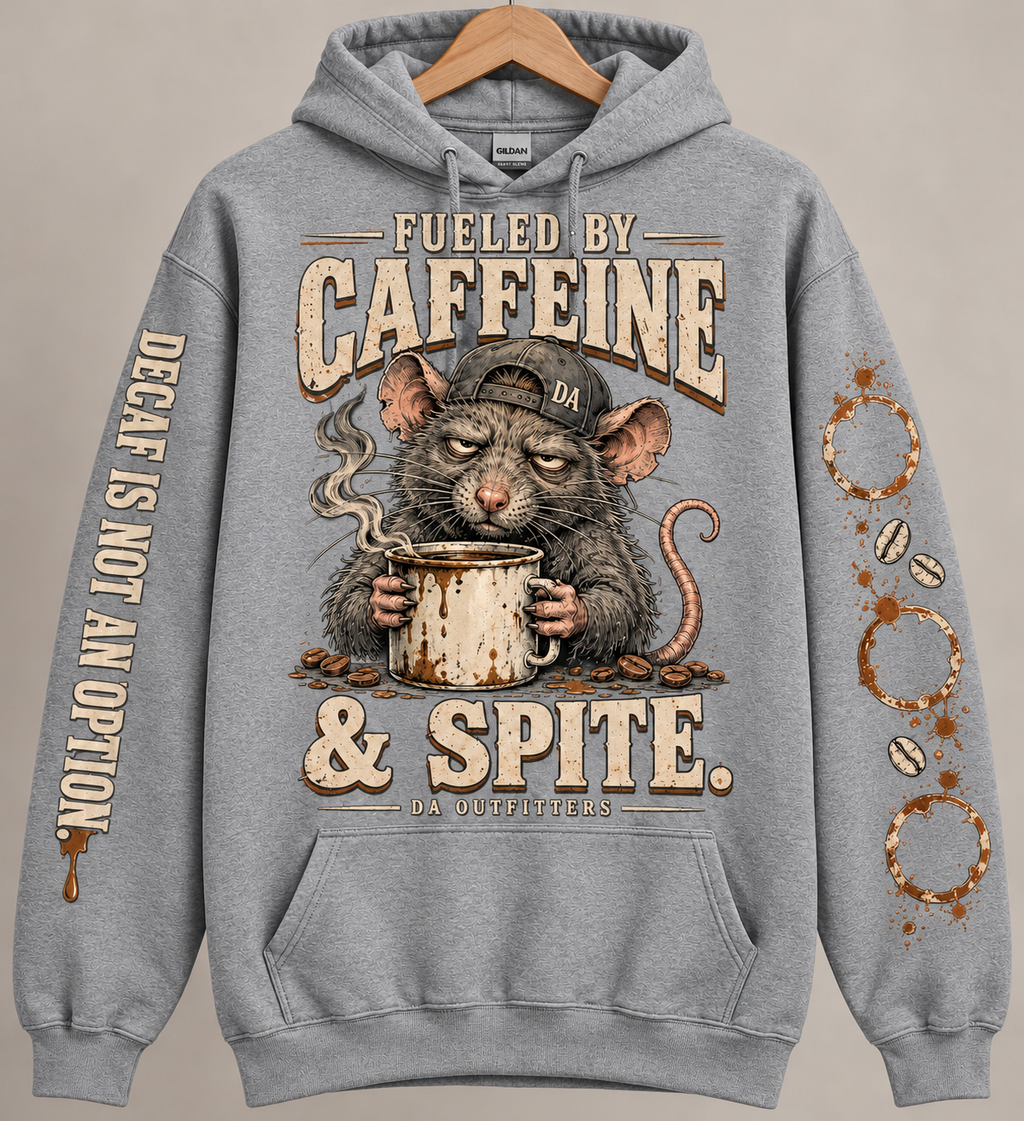 Grey Fueled by Caffeine and Spite rat hoodie — digital mockup