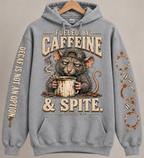 Grey Fueled by Caffeine and Spite rat hoodie — digital mockup