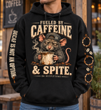 Black Fueled by Caffeine and Spite hoodie worn outside a coffee shop — digital mockup