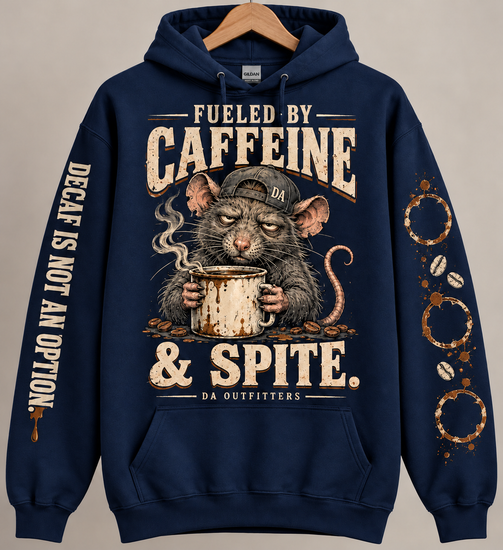 Navy Fueled by Caffeine and Spite rat hoodie — digital mockup