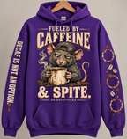 Purple Fueled by Caffeine and Spite rat hoodie — digital mockup