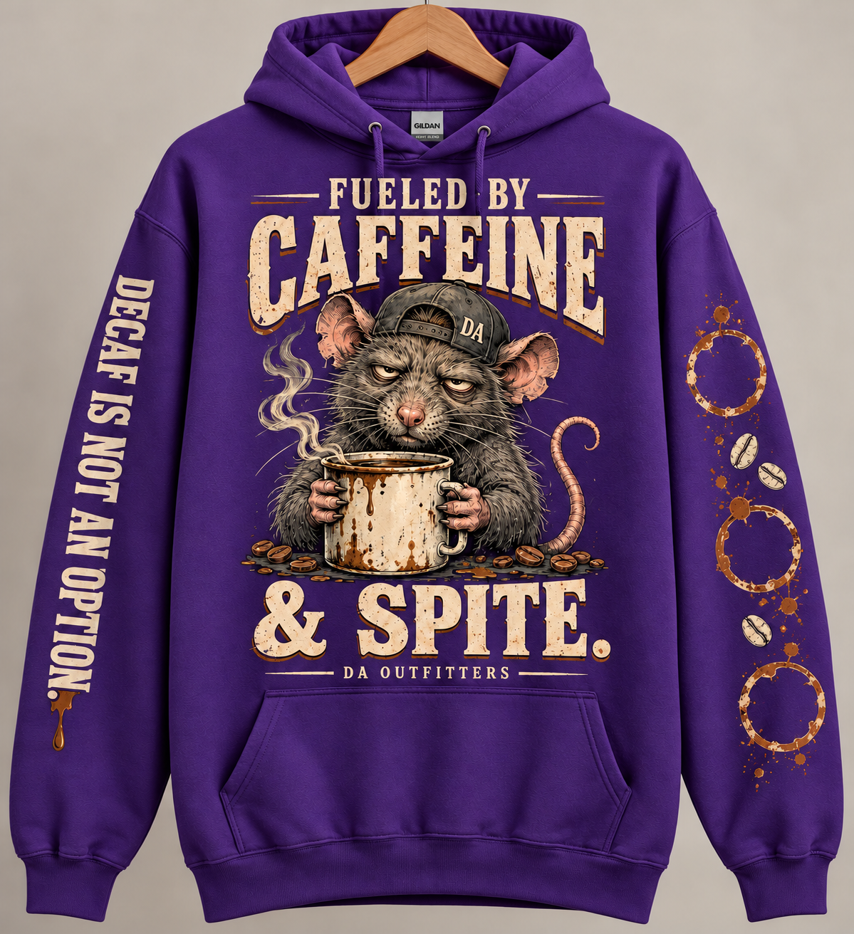 Purple Fueled by Caffeine and Spite rat hoodie — digital mockup