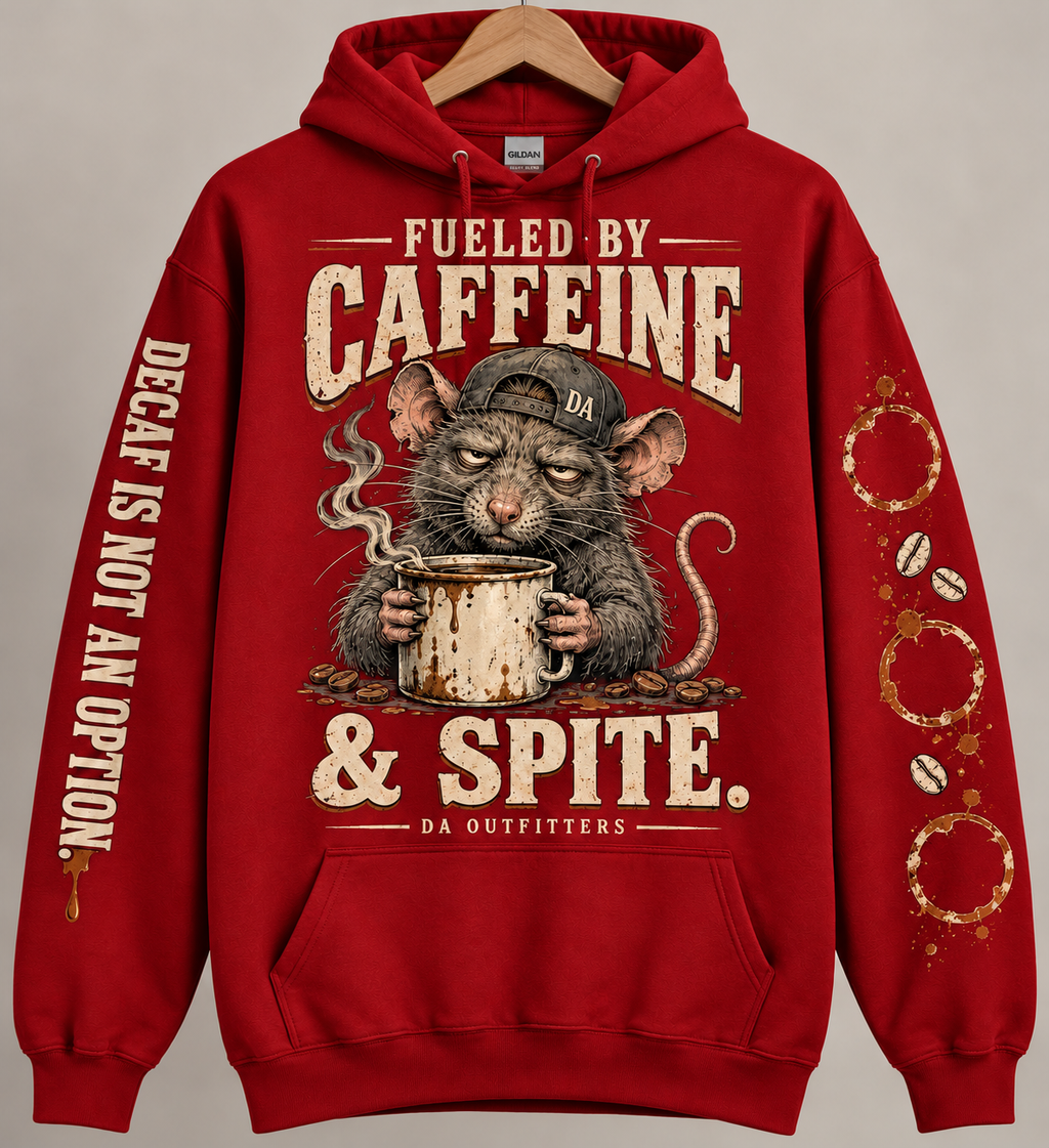 Red Fueled by Caffeine and Spite rat hoodie — digital mockup