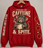 Red Fueled by Caffeine and Spite rat hoodie — digital mockup