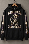 Black Nine Lives Zero Patience skeleton cat hoodie with bone sleeves — digital mockup