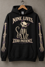 Black Nine Lives Zero Patience skeleton cat hoodie with bone sleeves — digital mockup