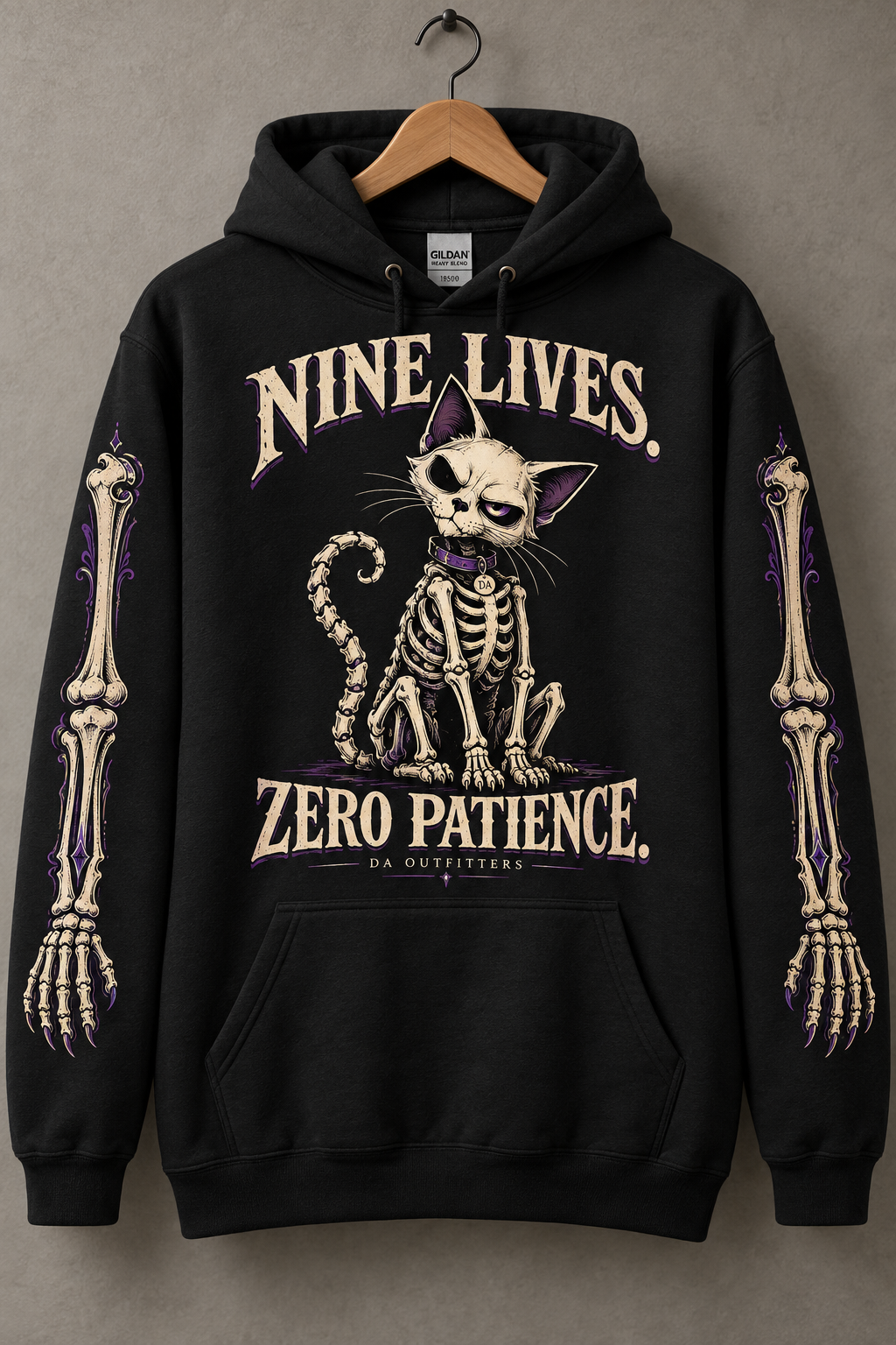 Black Nine Lives Zero Patience skeleton cat hoodie with bone sleeves — digital mockup