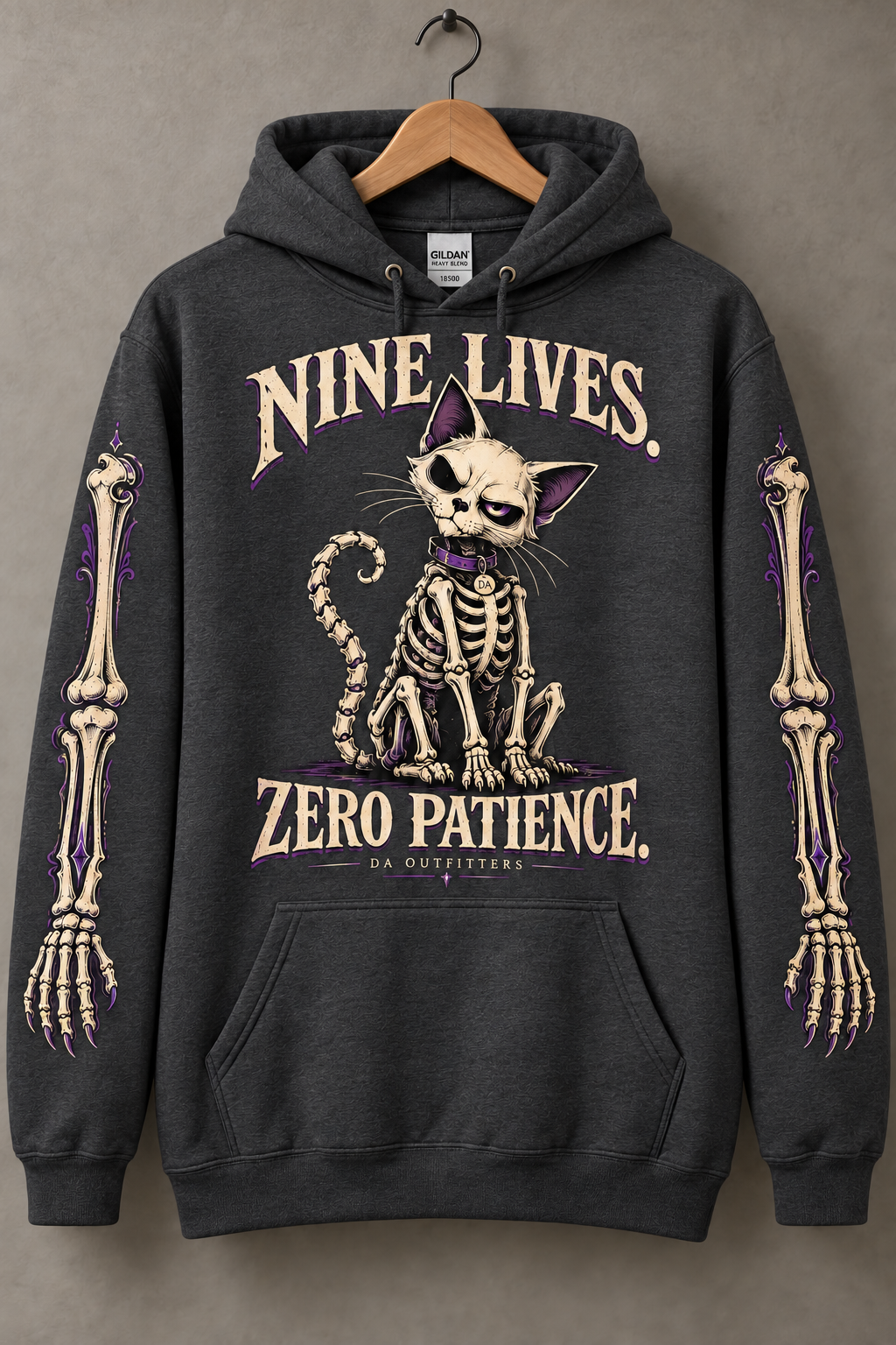 Charcoal Grey Nine Lives Zero Patience skeleton cat hoodie — digital mockup