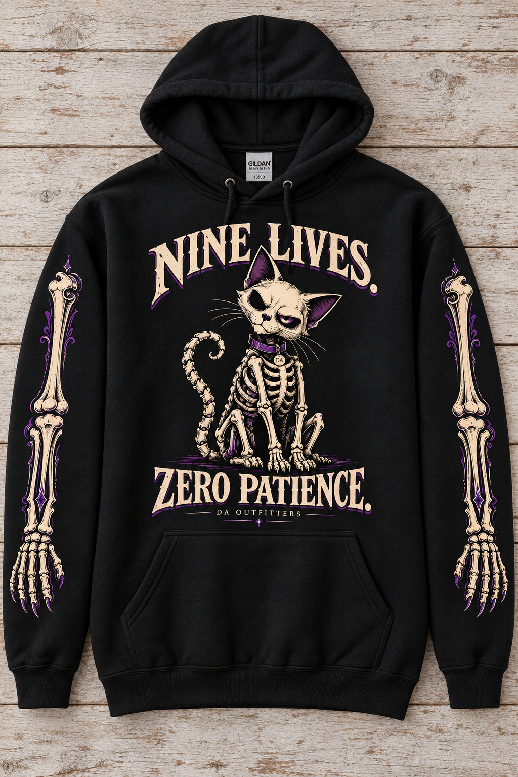 Nine Lives Zero Patience black hoodie flat lay showing both skeleton sleeves — digital mockup