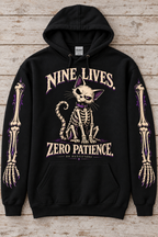 Nine Lives Zero Patience black hoodie flat lay showing both skeleton sleeves — digital mockup