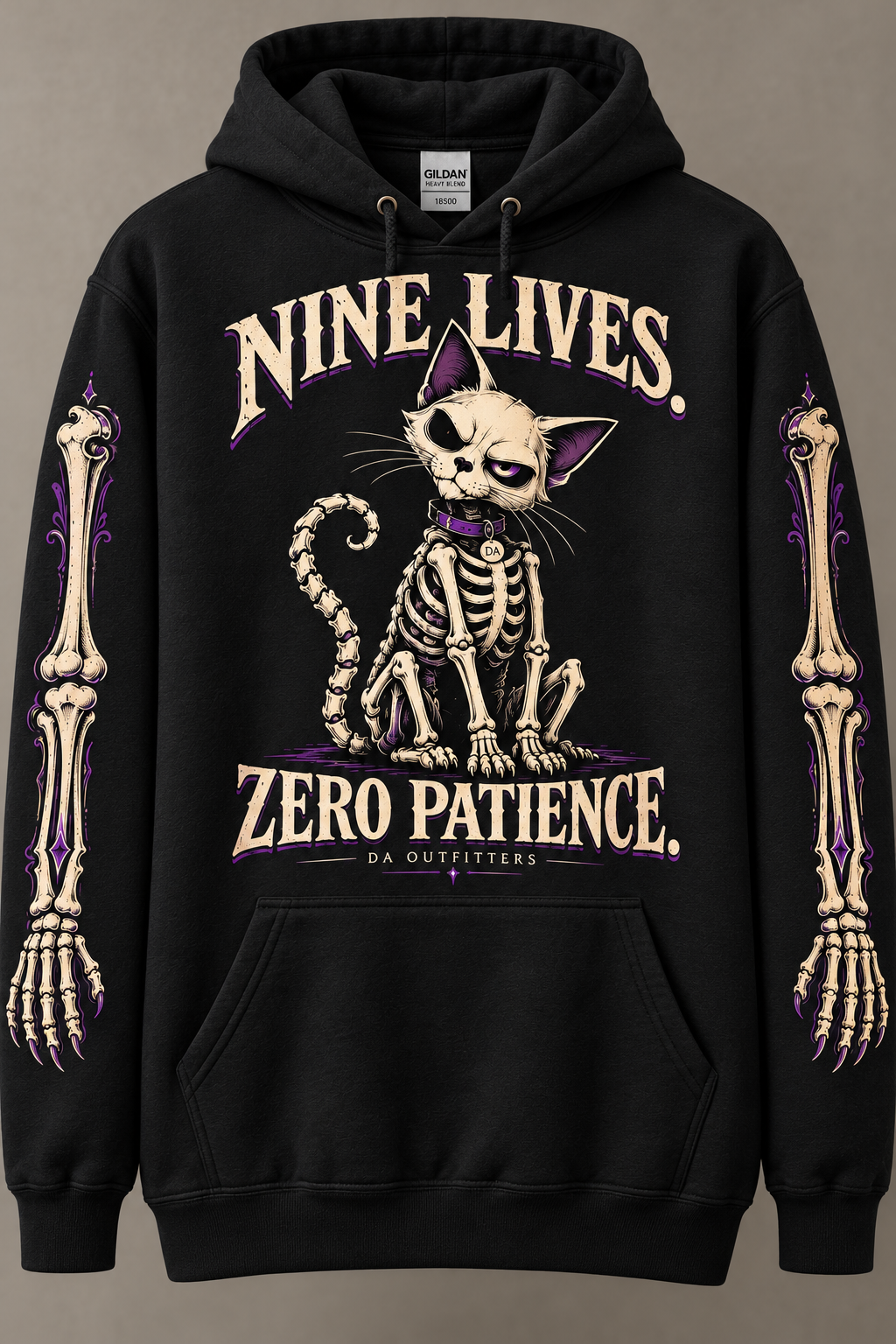 Nine Lives Zero Patience black hoodie front artwork and matching sleeve details — digital mockup