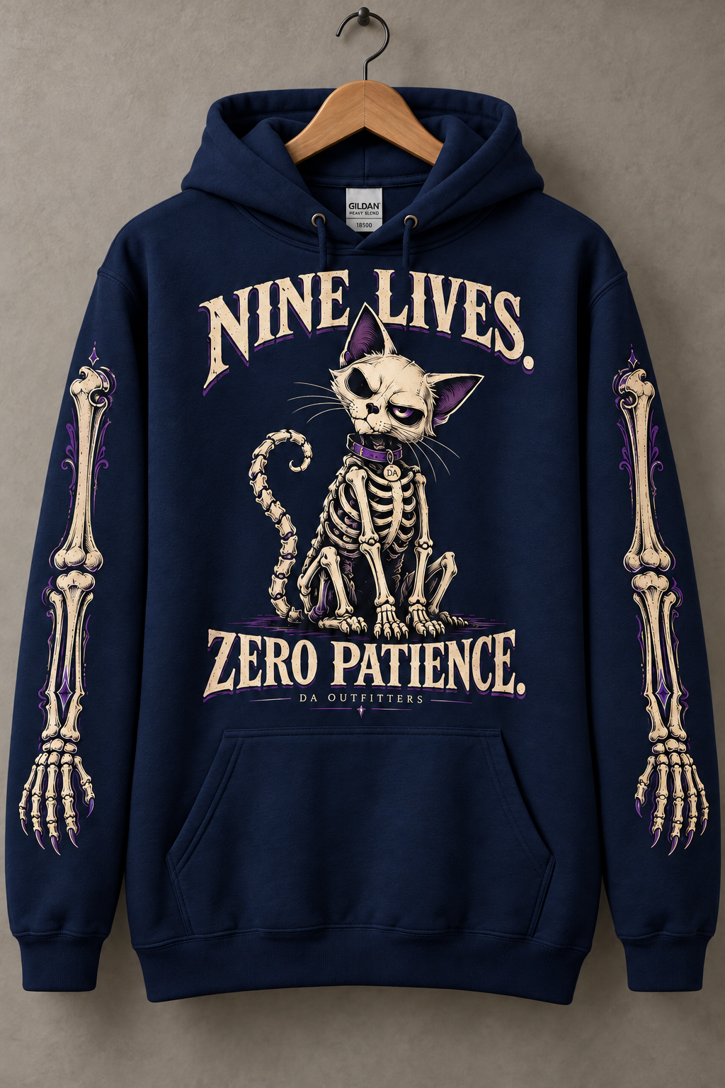 Navy Nine Lives Zero Patience skeleton cat hoodie — digital mockup