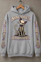Sport Grey Nine Lives Zero Patience skeleton cat hoodie — digital mockup