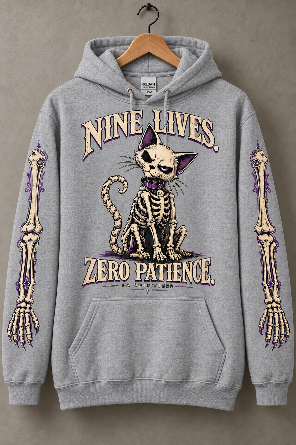 Sport Grey Nine Lives Zero Patience skeleton cat hoodie — digital mockup