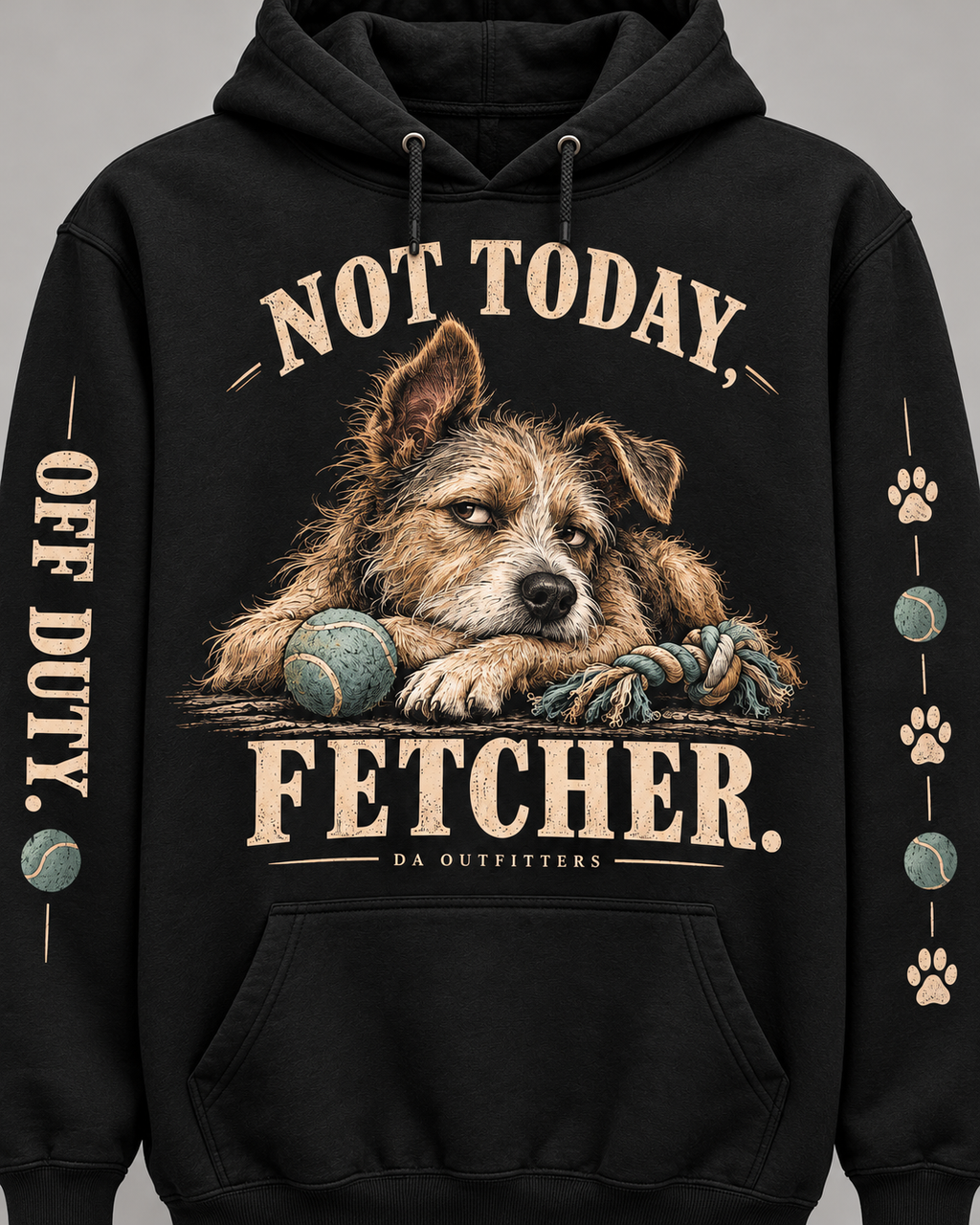 Close-up of scruffy dog, rope toy, tennis ball, and Not Today Fetcher lettering — digital mockup