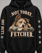 Close-up of scruffy dog, rope toy, tennis ball, and Not Today Fetcher lettering — digital mockup