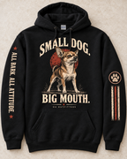 Flat lay showing Chihuahua front print, All Bark All Attitude sleeve, and paw-and-stripe sleeve — digital mockup