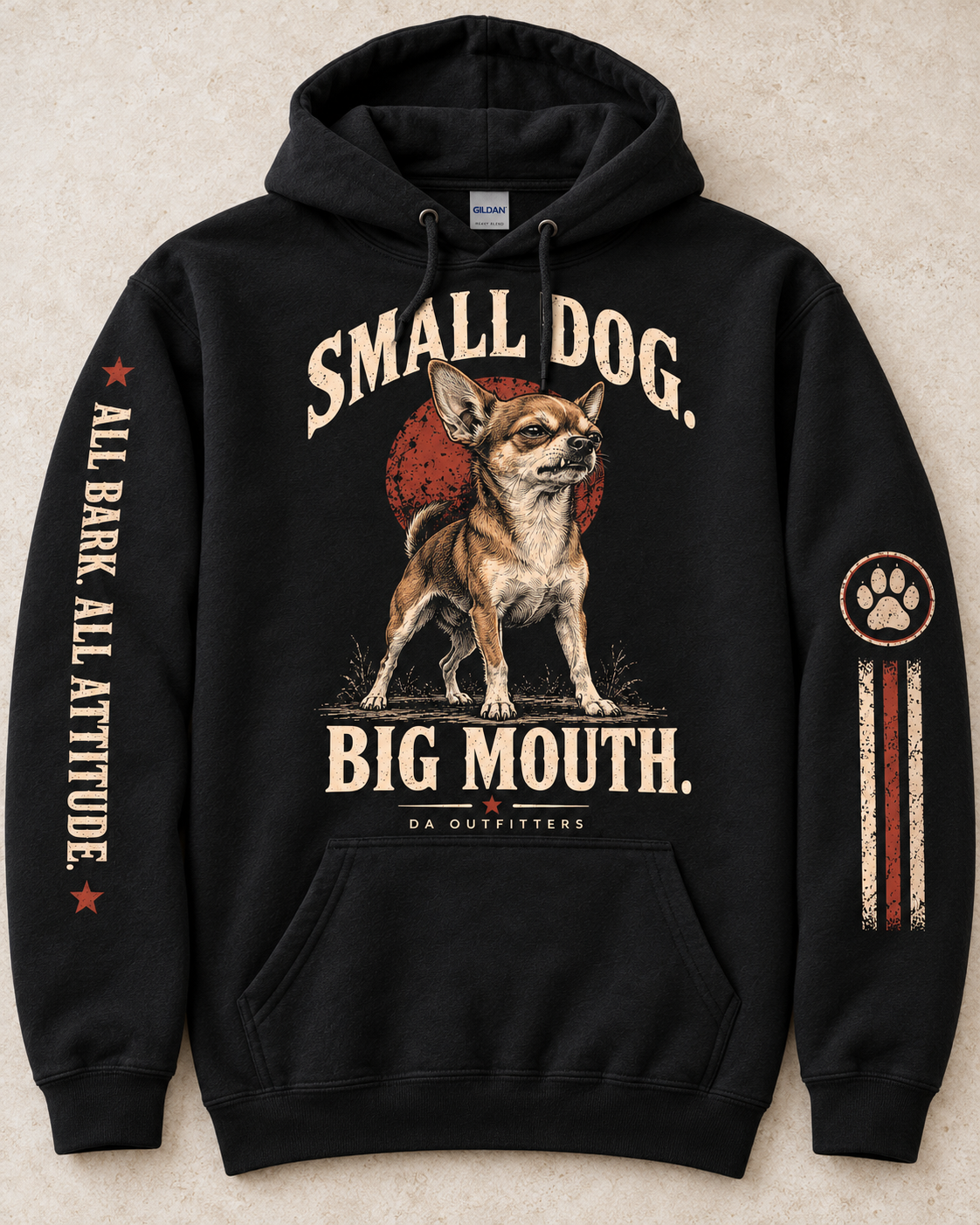 Flat lay showing Chihuahua front print, All Bark All Attitude sleeve, and paw-and-stripe sleeve — digital mockup