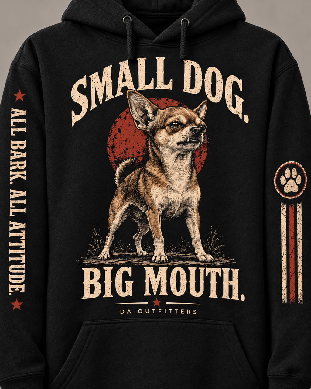 Close-up of vintage Chihuahua artwork and Small Dog Big Mouth lettering — digital mockup