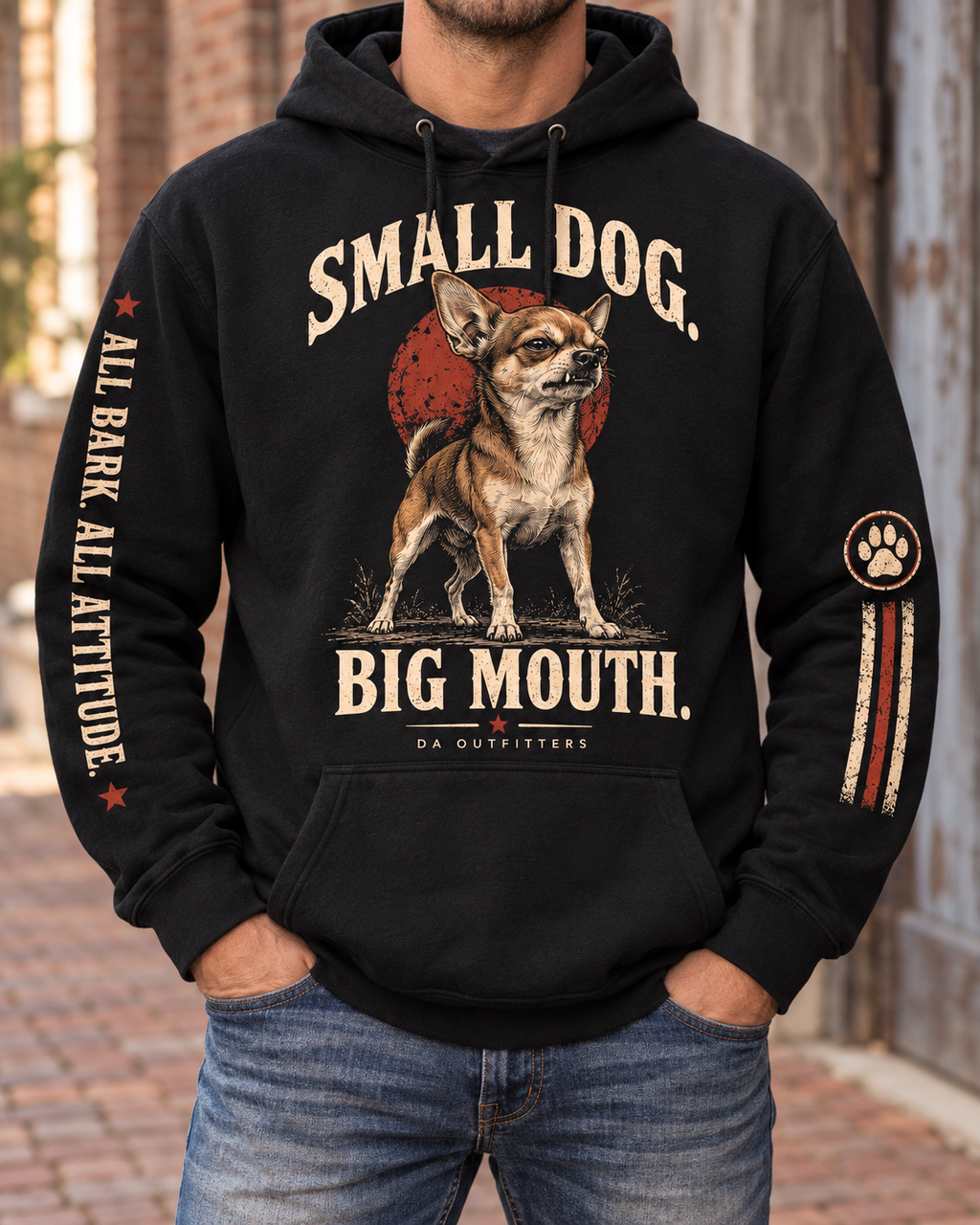 Small Dog Big Mouth Chihuahua hoodie worn outdoors, showing both printed sleeves — digital mockup