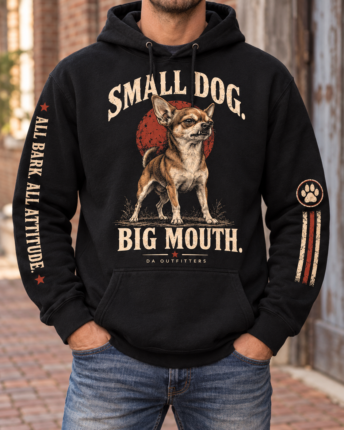 Small Dog Big Mouth Chihuahua hoodie worn outdoors, showing both printed sleeves — digital mockup