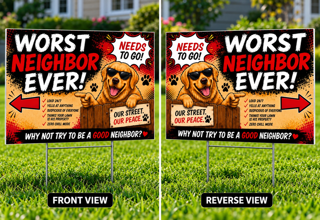 Double-sided yard sign: front and reverse views, dog on opposite sides, arrow points the same physical direction